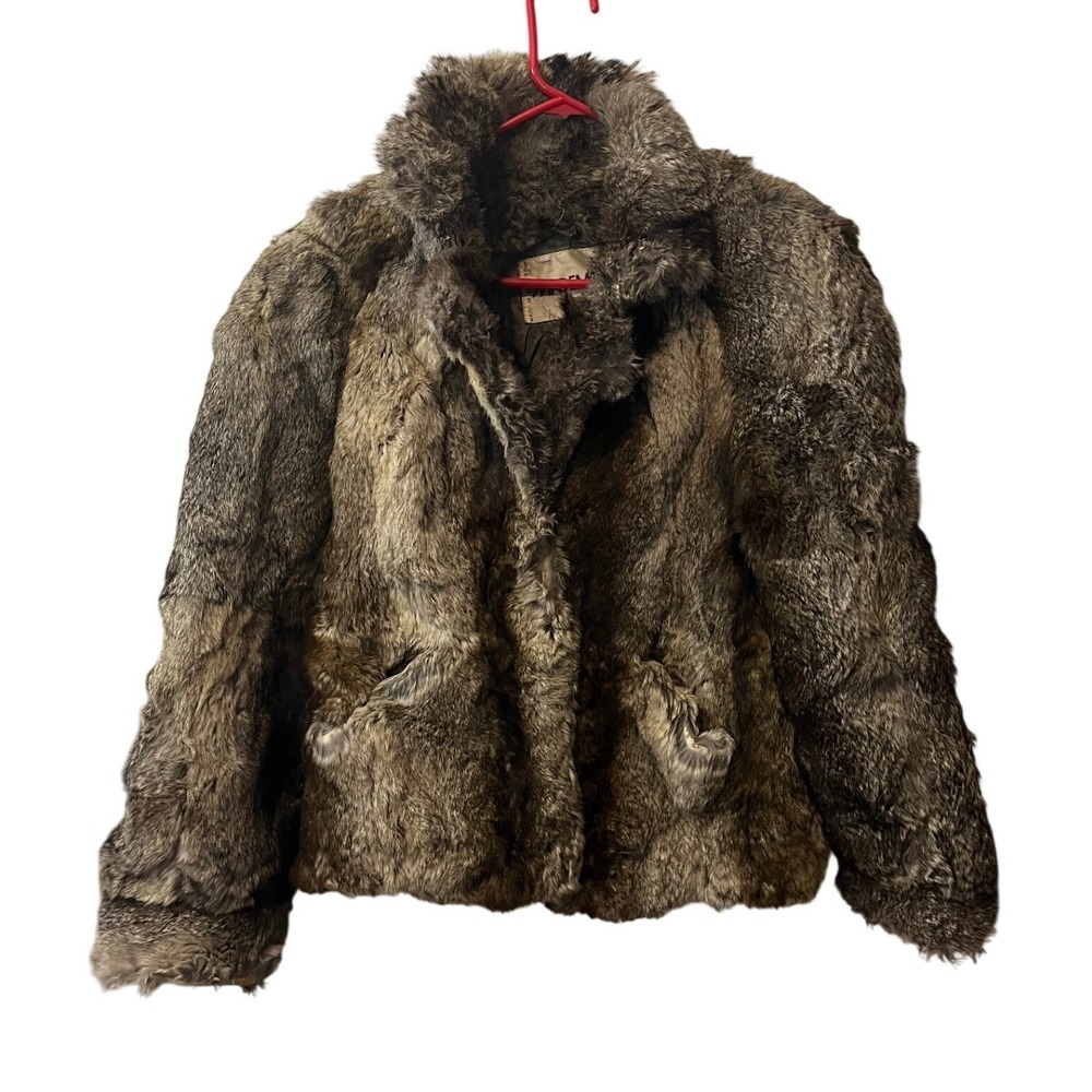 Mademoiselle Furs‎ Jacket Womens M Brown Real Rabbit Fur Vintage Collared Coat